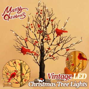 Vintage LED Christmas Tree Lights With Red Berry&Bird Artificial Christmas Tree Ornaments For Home Decorative