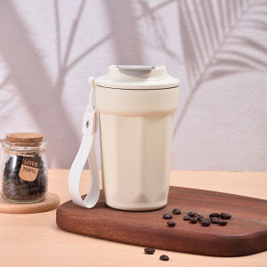 Coffee Mug Vacuum Tumbler Stainless Steel Cute Insulated Hot and Cold Iced Coffee Cup with Leakproof Lid & Rope 450ML