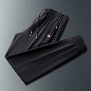 Mens High elastic quick dry pants Ice Silk Casual Straight Loose Trousers Cropped Pants Plus Size M-5XL