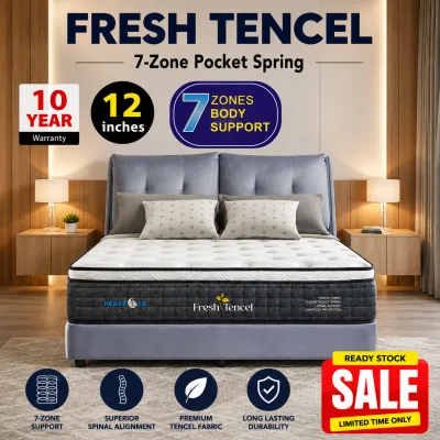 Perfecta Fresh Tencel 7 Zone Pocket Spring 12in Mattress - Tencel Sanitized Protection - Spinal Support - Single Super Single Queen King size