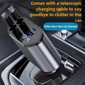 สายที่ชาร์จความเร็วสูงอะแดปเตอร์ชาร์จในรถยนต์ชนิด C ชาร์จ USB เร็ว120วัตต์พร้อมสายยืดหดได้เหมาะสำหรับโทรศัพท์มือถือ