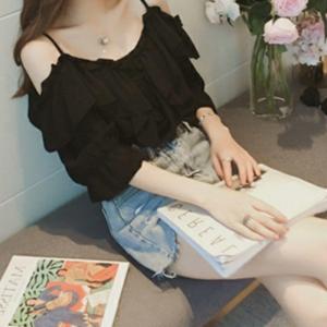 Goopepal New Korean Style Women Blouses Casual Loose One-shoulder tops Off Shoulder Ladies Suspender Shirt Thin Slim Top