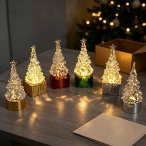 SOULLOV Flameless Christmas Tree Night Light Warm Light Creative Light Up Xmas Tree Ornaments Festive Figurine Smokeless LED Atmosphere Lamp Christmas Decor