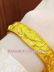 Vòng tay chạm khắc hoa mẫu đơn Nhẫn hở bản rộng cổ điển làm quà tặng cho người lớn tuổi