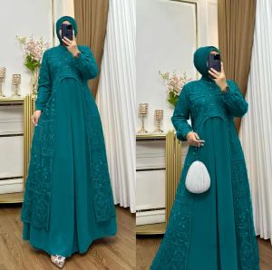 Ardella Dress Bahan Ceruty Armany Mix Brukat Gamis Pesta Warna Emerald Terbaru Mewah Elgant Kekinian