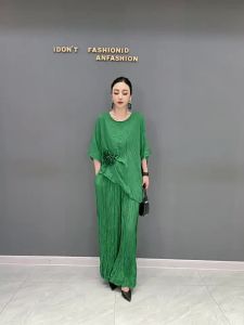 《801》XITAO Loose Folds Floret Two Piece Set Temperament All-match Top Women Summer Casual Irregular Wide Leg Pants HQQ2358