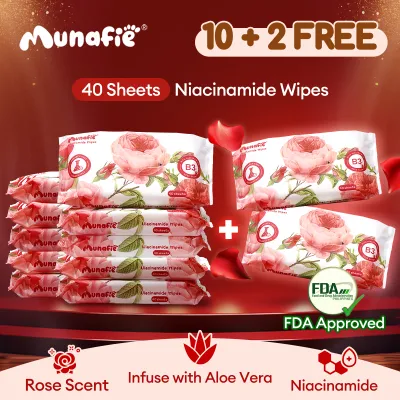 Munafie Niacinamide Wipes Rose Scented 40 Sheets Per Pack FDA Approved – Enriched with Niacinamide Aloe Vera and Centella Asiatica for Gentle Cleansing and Hydration