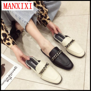 MANXIXI Women Fashion Mules Sandals Leather Beautiful Chain Inlay Flat Slippers ( Size 35-41 )