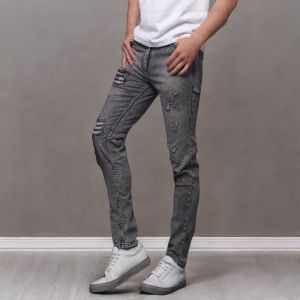Jeans Skinny Slim Fit Pria Washed Abu-abu dengan Potongan Pinggang Alami dan Pinggang Tinggi