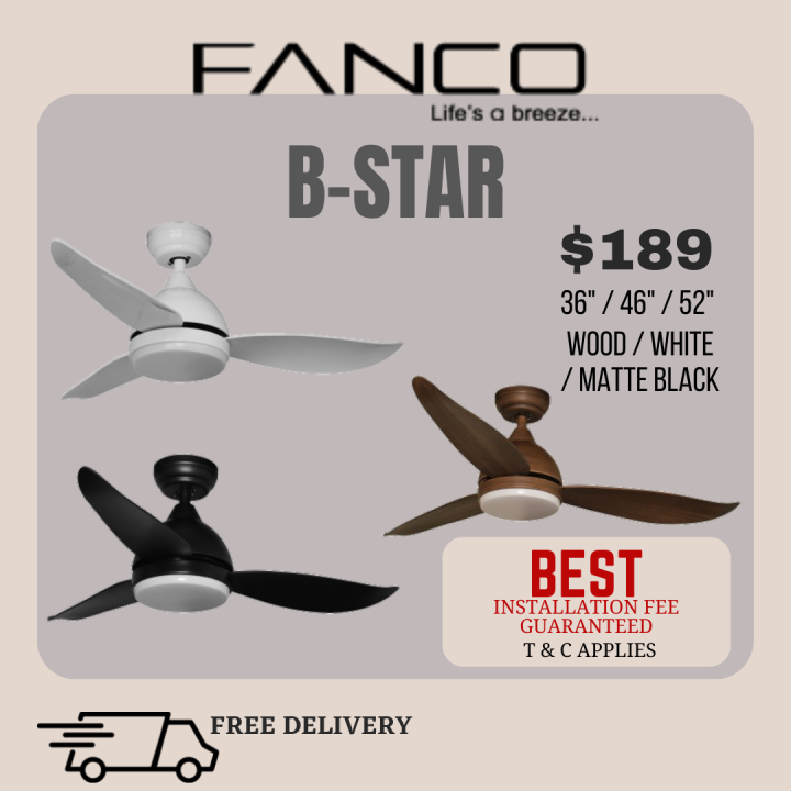 Fanco Bstar ceiling fan with light 36/46/52 inch dc motor with 3 tone