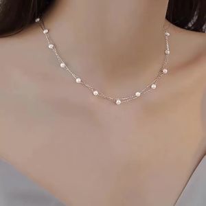 Fangxings new popular model S925 Pure silver pearl double-layer necklace for women light luxury niche design with a high-end feel clavicle chain