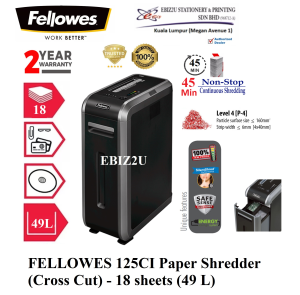 FELLOWES 125CI Paper Shredder (Cross Cut) 4 x 38mm - 18 sheets (49 Liters) (45 mins non stop Cross Cut Paper Shredder Shredder Machine Office Shredder Heavy Duty Shredder Mesin Penghancur Kertas)