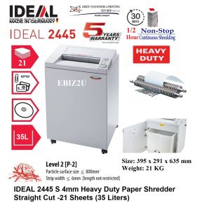 IDEAL 2445 S 4mm Heavy Duty Paper Shredder Straight Cut -21 Sheets (35 Liters) (30 min non stop Strip Cut 2445S Mesin Penghancur Kertas Mesin Perincih