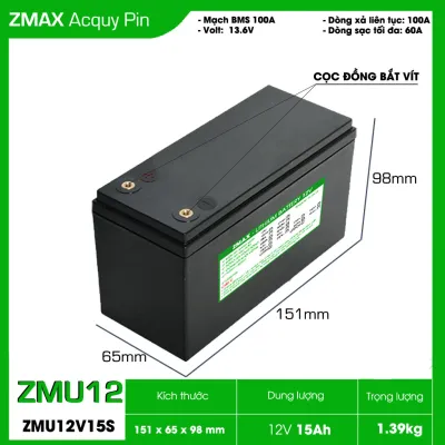 Bình Acquy Pin ZMax LFP 12V 15Ah ZMU12V15S Dùng Cho Bộ Lưu Điện UPS