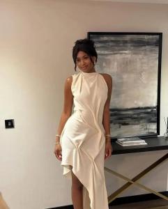 Elegant Solid Sleeveless Midi Dress Fashion Draped High Neck Waist Cinched Dresses 2026 Summer New Lady Evening Party Gowns2026
