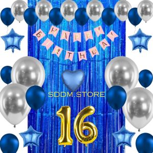 Dekorasi Acara Pesta Ulang Tahun Anak Warna Biru Banner Tirai Gratis Balon Angka