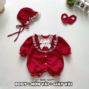 BD197 Body áo liền quần dài đỏ RIOKIDS quần áo cho bé gái sơ sinh đầy tháng thôi nôi