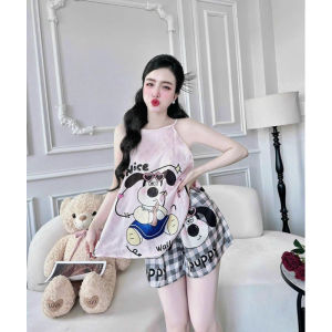 Set yếm nữ Đồ bộ Pijama lụa xước mềm mại thoáng mát + Quần đùi có túi FreeSize 40-59 kg -Mít Store