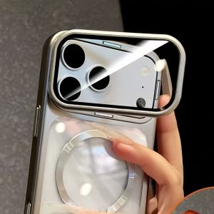 For iPhone 17 17Pro 17ProMax For Magsafe Magne Glass Lens Holder Case Wireless Charge Plating Clear Shockproof Protect Cover