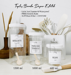 Toples Bumbu Dapur Estetik Tutup Putih 1300 1000 600 ml - FREE Stiker & Sendok Kayu