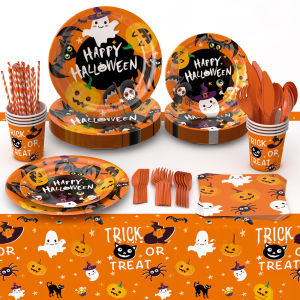 Paper Halloween Party Decorations Ghost Bat Pumpkin Disposable Paper Plate Tissue Tablecloth Set