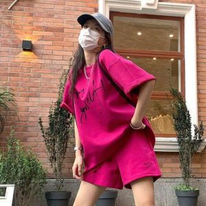 American Design Letter Print Casual Womens Set Summer Fashion Short Sleeved Shorts Sports Two-piece Set