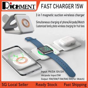 【🔥SG SELLER🔥】RICHMENTGADGET 3 IN 1 magnetic suction wireless fast charger 15W Simultaneous charging of phone/Airpods/iWatch Customized family photo wireless charging for fruit fans