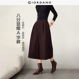 Giordano Beau Monde Women Pleated half elastic waist wide leg cropped pants Free Shipping 13426706