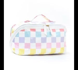 Striped Block PVC Cosmetic Bag Large Capacity Waterproof Portable Makeup Organizer with Handle Portable Travel Toiletry Bag2026