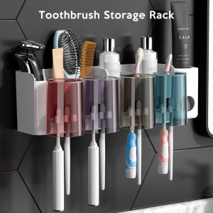 Future Market Wall Mounted Toothbrush Holders with 4 Cups Bathroom Wall Mounted Holder Set Multifunctional Electric Toothbrush Holder with Toothpaste Dispenser for Bathroom