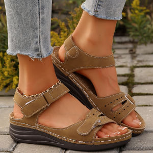 Free Shipping New Style Wedge Sandals With Pure Color Stitching One-Strap Design Velcro Closure Fish-Mouth Opening Roman Style Open-Toe And Thick Soles – Fashionable