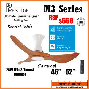 Prestige M3 series (coloured) Smart wifi DC Motor Ceiling fan 46/52in with 28w led light dimmable google tuya smart life