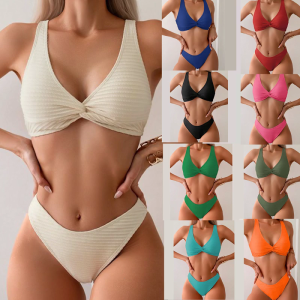 ชุดว่ายน้ำเอวต่ำแบบมีสไตล์สำหรับผู้หญิงชุดว่ายน้ำแยกชิ้นผูกด้านหน้าชุดว่ายน้ำเสริมฟองน้ำชุดว่ายน้ำเอวต่ำดัน