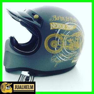 HELM CAKIL HBC BORN TO RIDE GREY / ABU + FREE Google ( Vespa / Klasik / Retro / Vintage / Classic )
