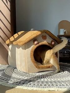 Pet House Cat Bed Dog Nest Plush Furry Removable Washable Semi Enclosed Breathable Soft Warm Indoor Bed Bear Totoro