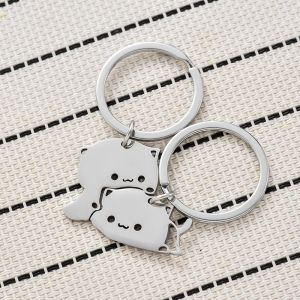 [Ready]Cute Cartoon Cat Keychain Couple Stainless Steel Matching Keyring  Lovely Pendant Lovers Key Chain Gift Jewelry