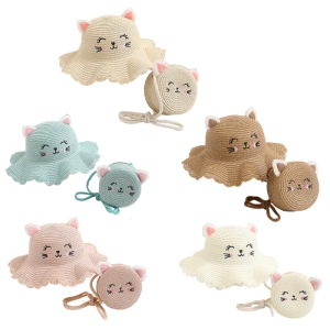 Lovely Design Kids Summer Straw Hat Cat-ear Shaped Cap Smile Face Wide Brim Girls Straw Sun Hat with Matching Handbag