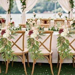 GVDBHFD Rustic Wedding Chair Back Flower Rose Eucalyptus Nordic Style Aisle Chair Artificial Flower Arch Aisle Decoration Silk Flower Pew Rose Flower Church Chair Bench