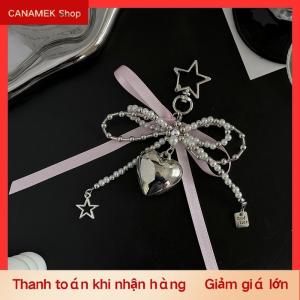 CS Ins phong cách ngọc trai Bowknot Móc chìa khóa bạc trái tim điện thoại Mặt dây chuyền Tai nghe trường hợp quyến rũ túi trang trí nội thất vòng chìa khóa xe
