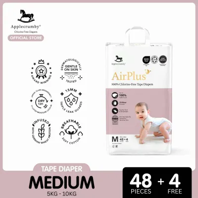 Applecrumby AirPlus 100% Chlorine-Free Medium Tape Diapers (5KG - 10KG) 52PCS