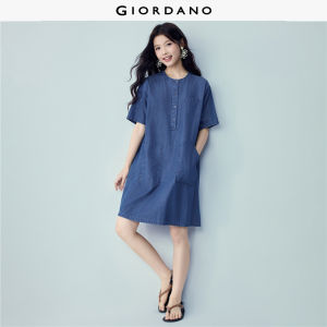 Giordano Beau Monde Women 100% cotton round neck half placket denim dress Free Shipping 13466300