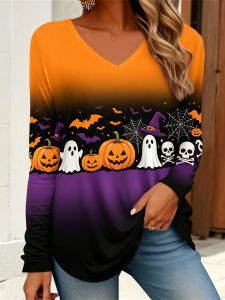Halloween theme  V  Long-sleeved color-blocked printed casual shirt  T  Womens autumn loose-fitting slimming and versatile top