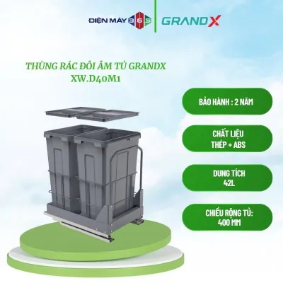 GrandX XW.D40M – Thùng rác đôi âm tủ có khung tay cầm 400mm – Thiết kế gọn gàng – Chất liệu cao cấp