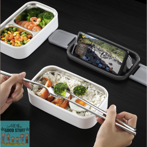 2-Way Re-Heatable Leakproof 2-tier Bento Lunch Box with Stainless Steel Tray Inserts & FREE Thermal Carrier Bag
