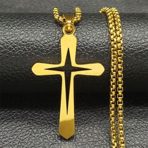 สร้อยคอผู้ชายไทเทเนียมเหล็ก แฟชั่น สร้อยคอไม้กางเขนเรียบง่าย จี้ดาวแสงกลวง