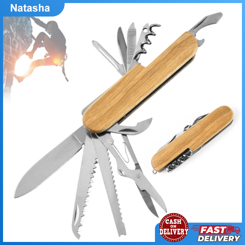 12In1 Wooden Swiss Knife Stainless Steel Folding Swiss Knife for Camping Outdoor Survival Tool Set