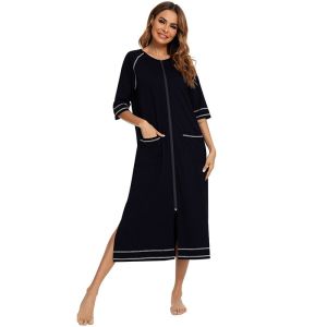 Womens Home Coat Half-sleeved Home Clothes With Pockets Long Pajamas Casual Loose Robe