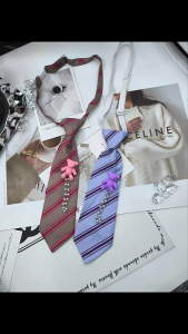 Boys Girls Cute Bear Pearls Chain Striped Necktie Children School Adjustable Pre Tied Ties for Wedding Parties