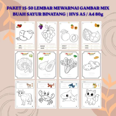 PAKET 15-50 LEMBAR MEWARNAI GAMBAR MIX BUAH SAYUR BINATANG | HVS A5 / A4 80g