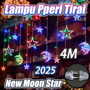 YMJR 4 Meter Christmas Decoration LED Light Strip Lampu Tirai Natal Dekorasi 8Mode Lampu Hias Gantung Outdoor 4m Bintang Hiasan Kamar / Moon Star Curtain LED Light Strip